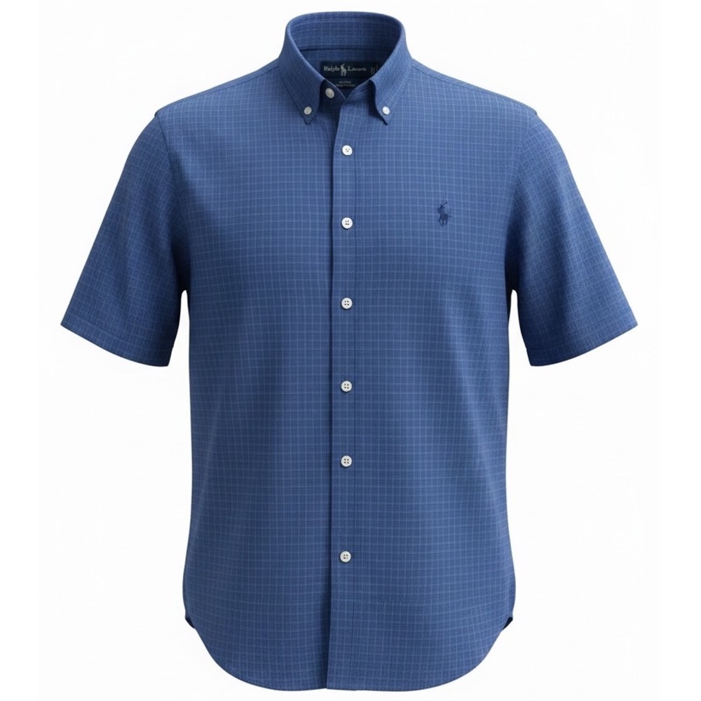 Polo Ralph Lauren Blake Mens XL Blue White Micro Check S/S Cotton Shirt (AA7)